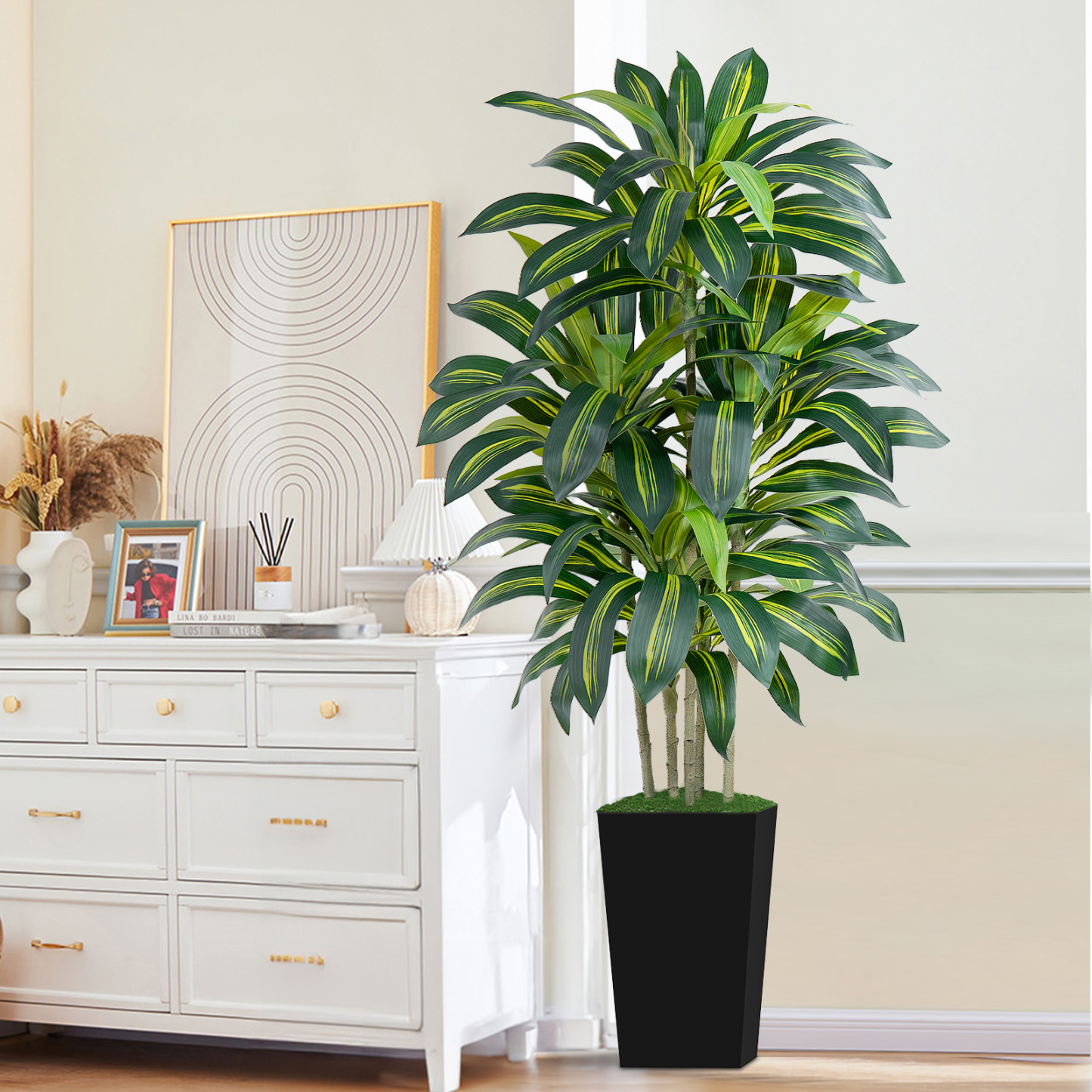 Keeplush Artificial Dracaena Tree - High-Density Foliage Fake Plant with Tall Planter (5ft,6ft,7ft optional White & Black) 