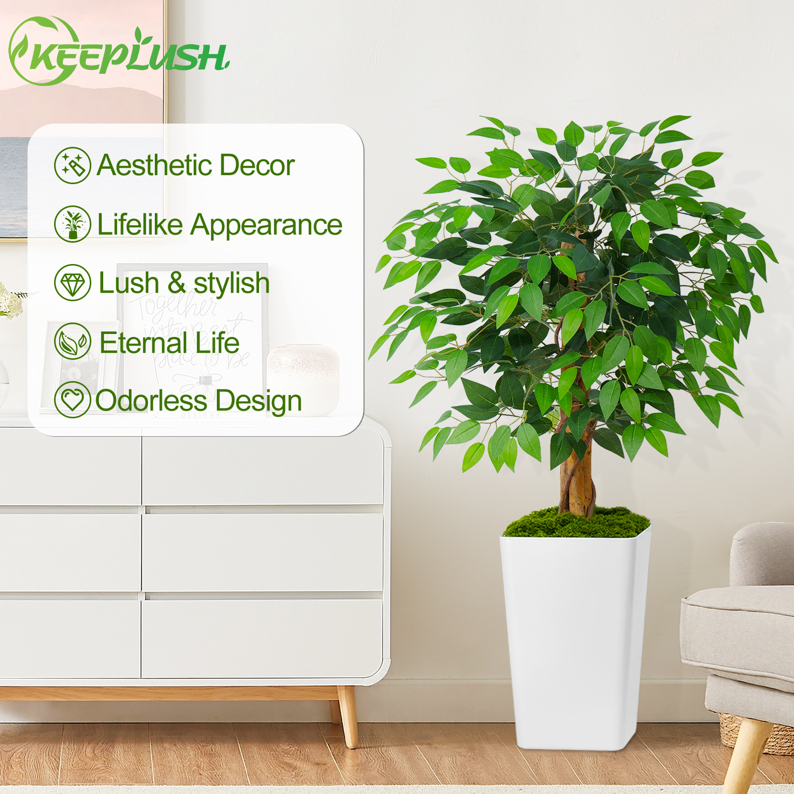 Keeplush Ficus Artificial Tree,Tall Lush Faux TreeKeeplush Artificial  Faux Banana Leaf Tree with Tall Planter (4ft,5ft,6ft,7ft optional White & Black) 