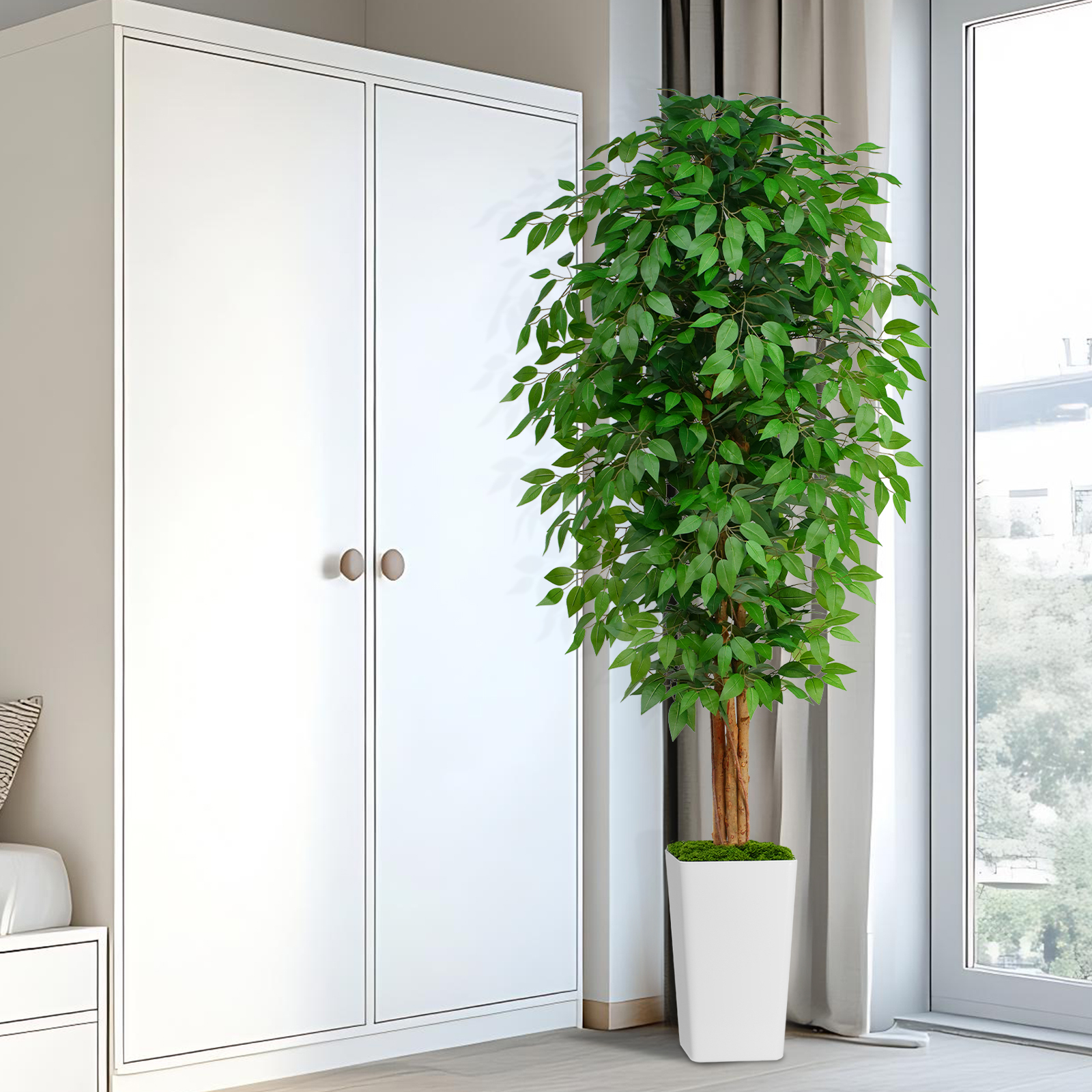 Keeplush Ficus Artificial Tree,Tall Lush Faux TreeKeeplush Artificial  Faux Banana Leaf Tree with Tall Planter (4ft,5ft,6ft,7ft optional White & Black) 