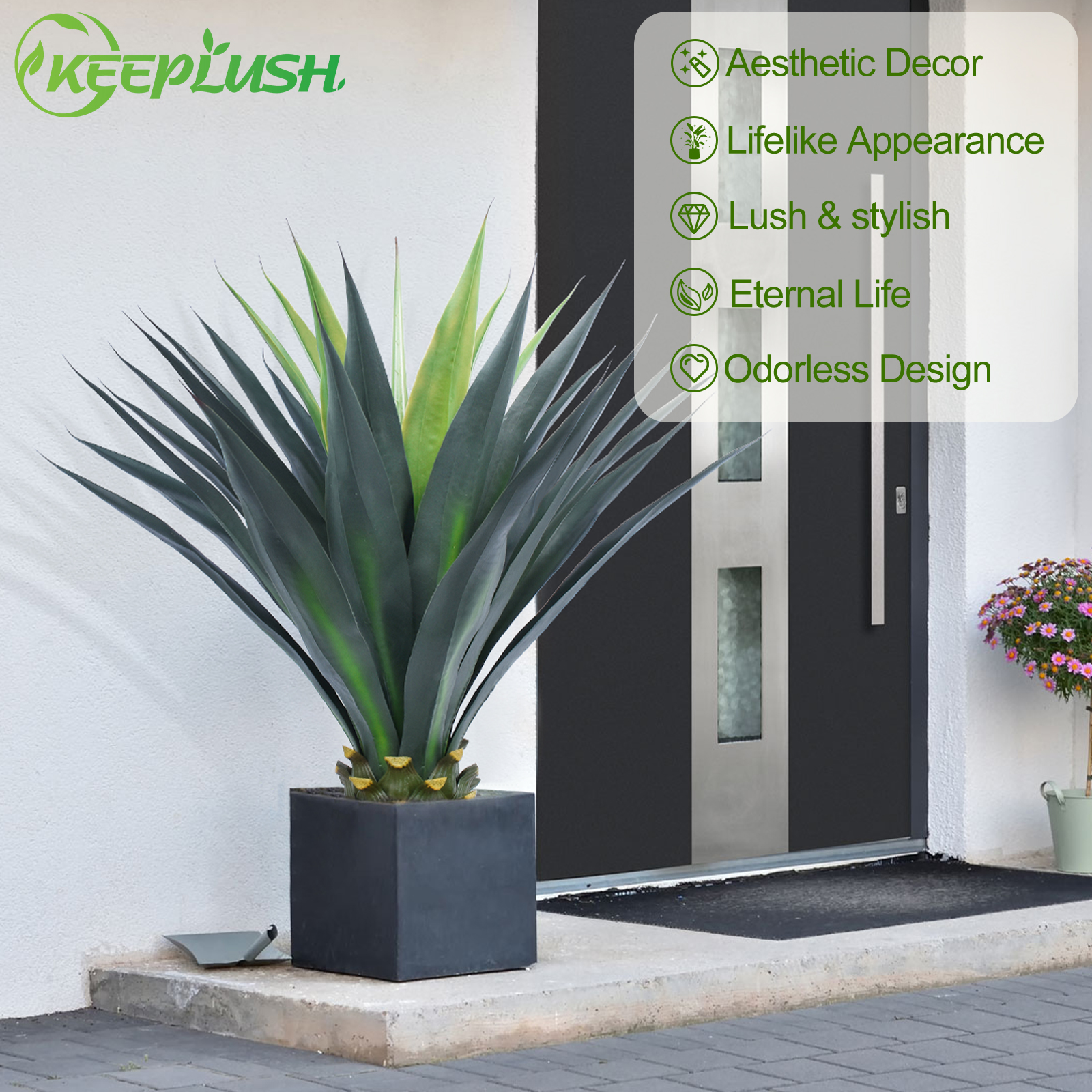 Keeplush Artificial Agave Plant, Tall Agave Faux Tree with Black Pot, Large Faux Succulent Floor Plant Indoor Outdoor for Front Porch Patio Home Office Door Step Hotel Desert Style Decor
