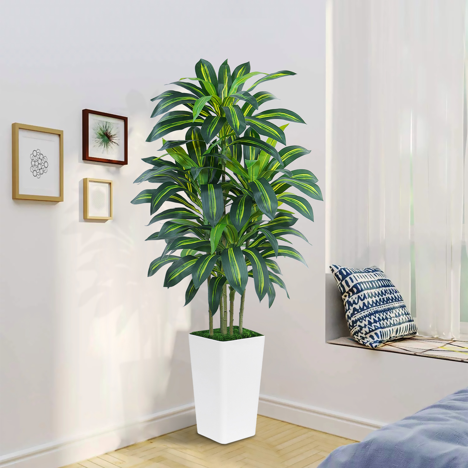 Keeplush Artificial Dracaena Tree - High-Density Foliage Fake Plant with Tall Planter (5ft,6ft,7ft optional White & Black) 
