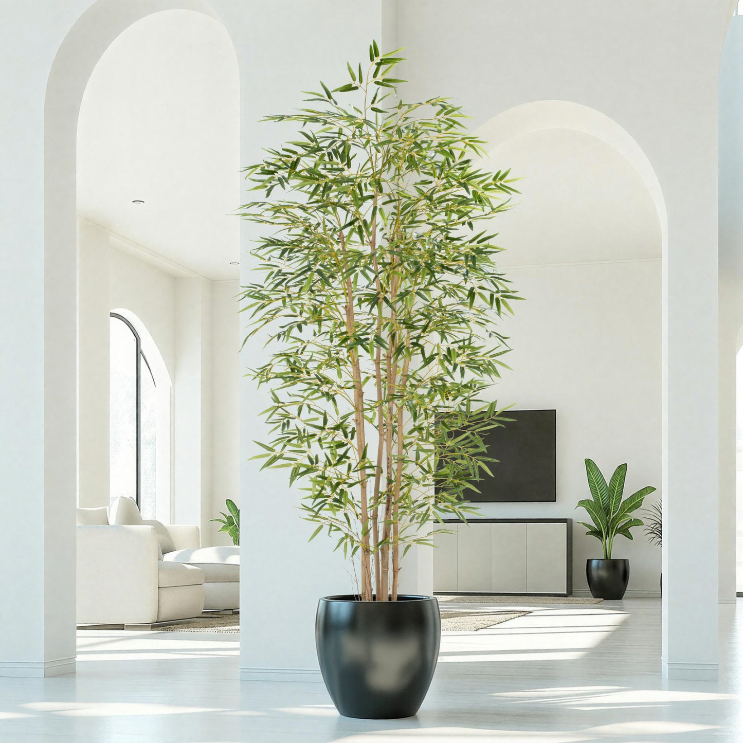 Artificial Bamboo Tree, Fake Bamboo Plant 7FT Tall with 6 Natural Real Bamboo Trunks, Artificial Tree Indoor Decor Faux Silk Tree for Home Office Living Room Modern Decor