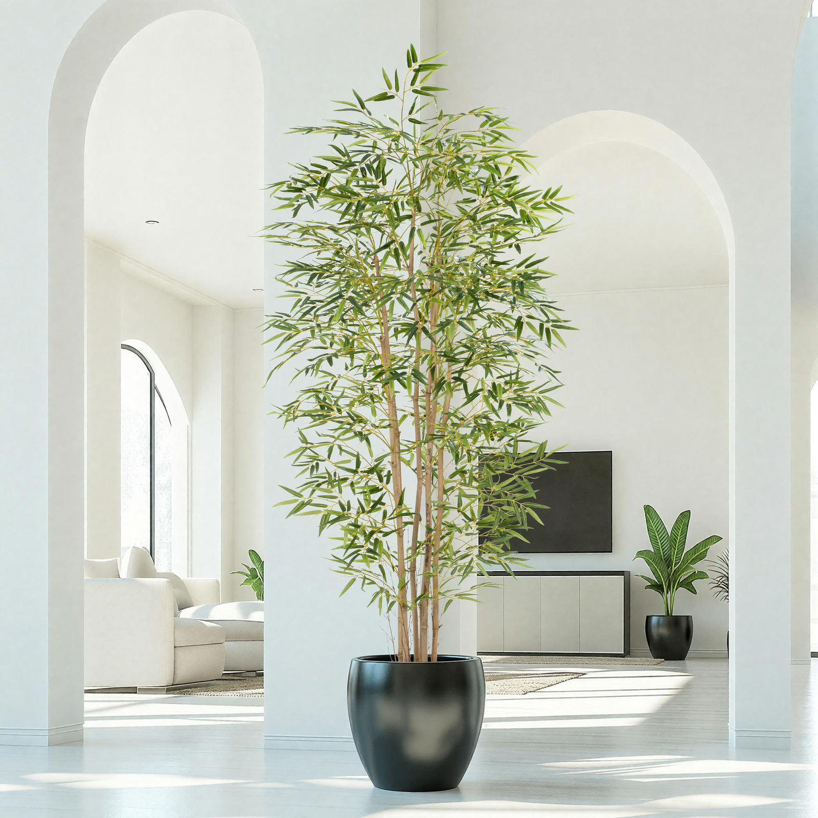 Artificial Bamboo Tree, Fake Bamboo Plant 7FT Tall with 6 Natural Real Bamboo Trunks, Artificial Tree Indoor Decor Faux Silk Tree for Home Office Living Room Modern Decor