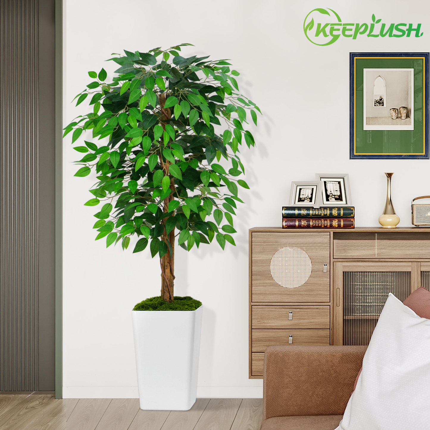 Keeplush Ficus Artificial Tree,Tall Lush Faux TreeKeeplush Artificial  Faux Banana Leaf Tree with Tall Planter (4ft,5ft,6ft,7ft optional White & Black) 