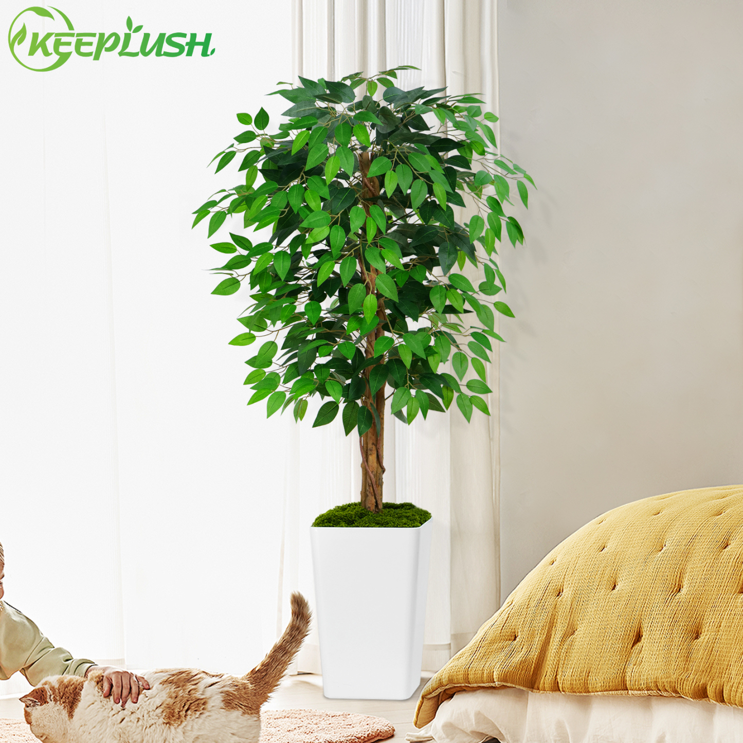 Keeplush Ficus Artificial Tree,Tall Lush Faux TreeKeeplush Artificial  Faux Banana Leaf Tree with Tall Planter (4ft,5ft,6ft,7ft optional White & Black) 