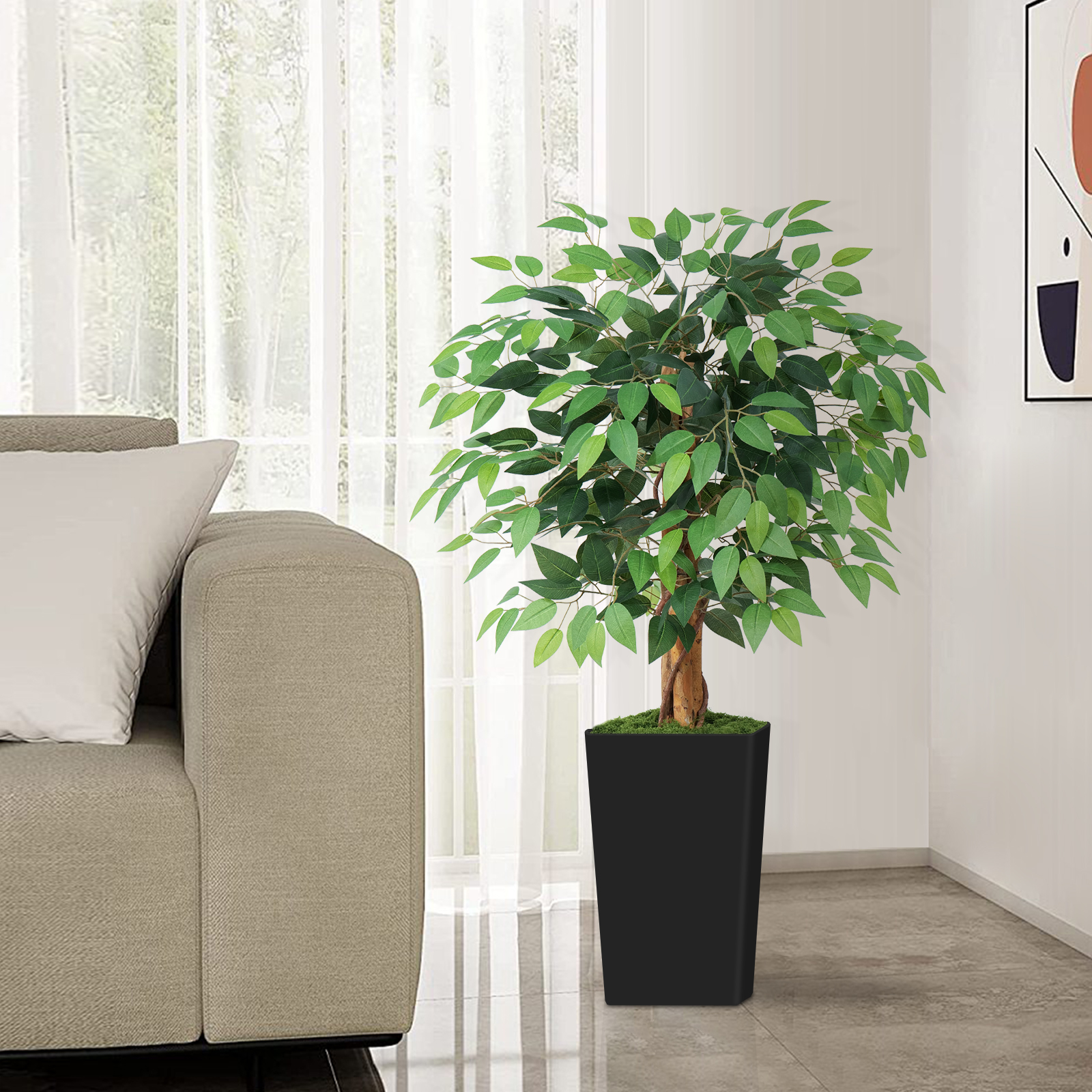 Keeplush Ficus Artificial Tree,Tall Lush Faux TreeKeeplush Artificial  Faux Banana Leaf Tree with Tall Planter (4ft,5ft,6ft,7ft optional White & Black) 