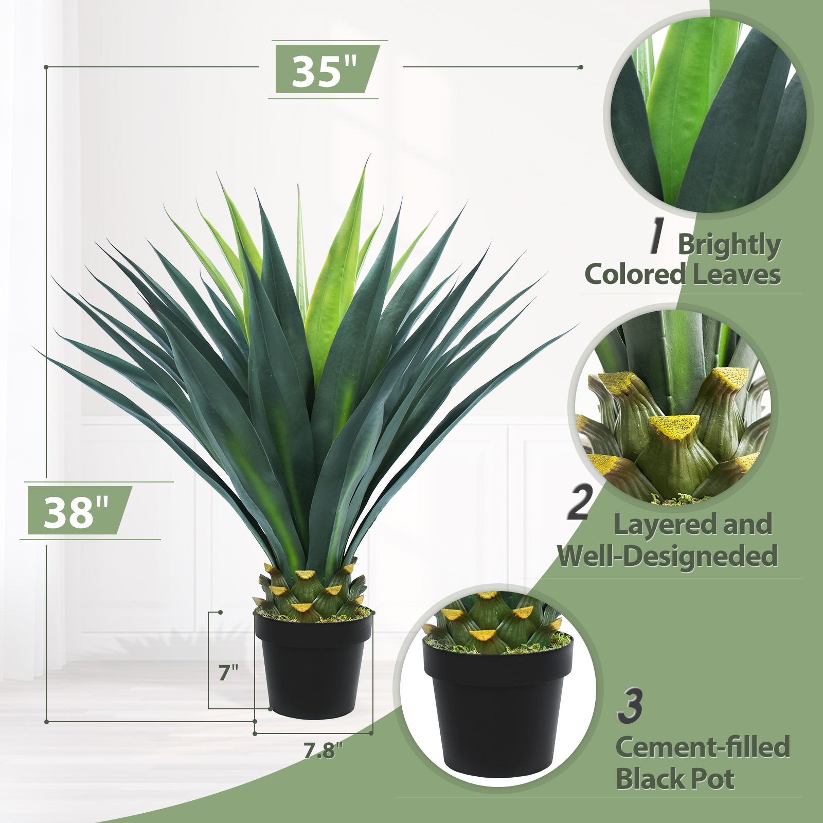 Keeplush Artificial Agave Plant, Tall Agave Faux Tree with Black Pot, Large Faux Succulent Floor Plant Indoor Outdoor for Front Porch Patio Home Office Door Step Hotel Desert Style Decor