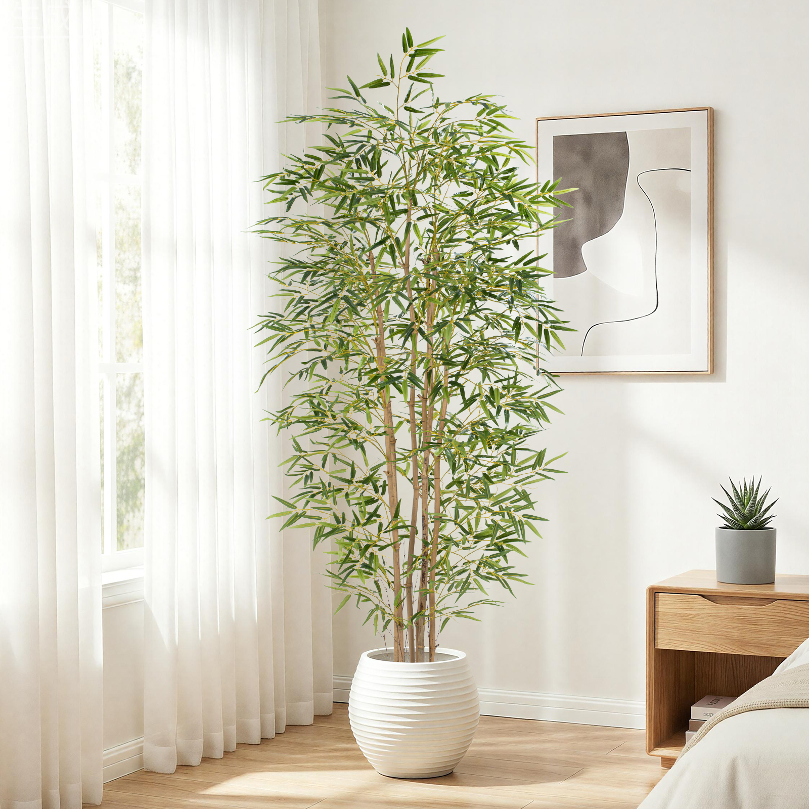 Artificial Bamboo Tree, Fake Bamboo Plant 7FT Tall with 6 Natural Real Bamboo Trunks, Artificial Tree Indoor Decor Faux Silk Tree for Home Office Living Room Modern Decor