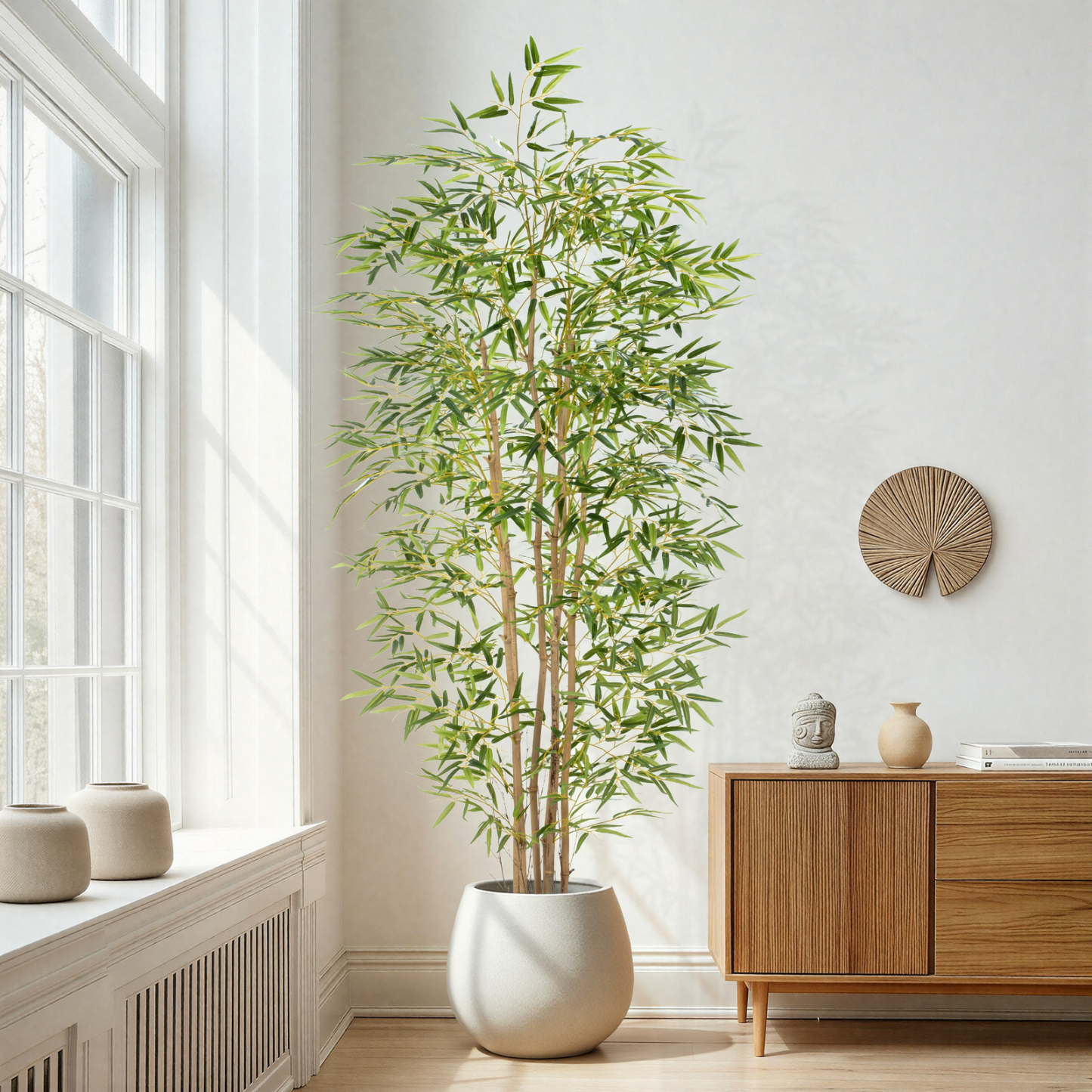 Artificial Bamboo Tree, Fake Bamboo Plant 7FT Tall with 6 Natural Real Bamboo Trunks, Artificial Tree Indoor Decor Faux Silk Tree for Home Office Living Room Modern Decor