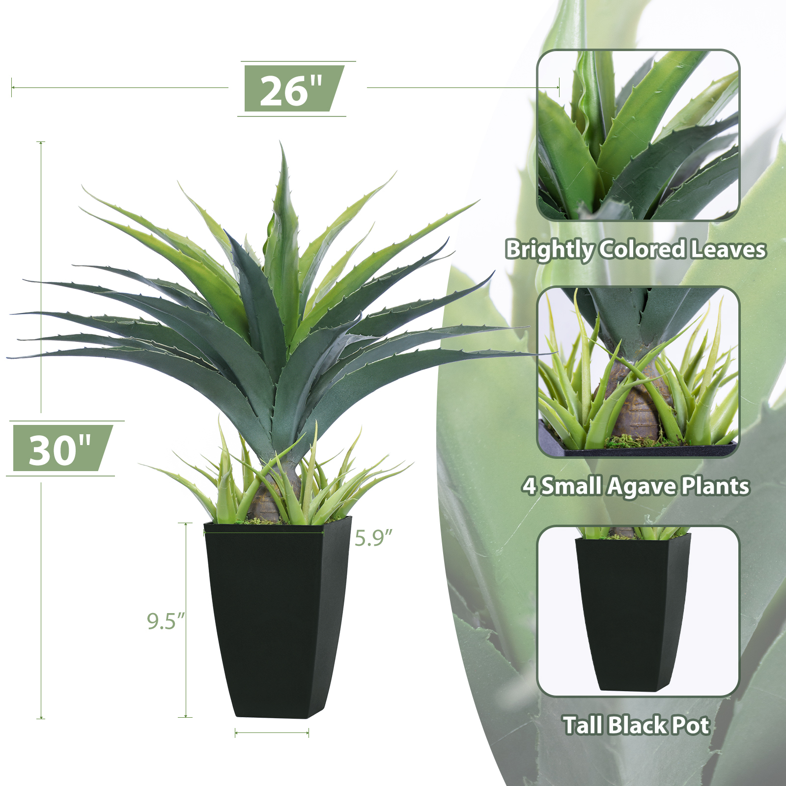 Keeplush Artificial Spiked Agave Plant, Tall 30” Faux Succulent Plants in Black Pot, Large Fake Aloe Vera Plant Indoor Outdoor for Front Porch Patio Home Office Door Step Decor 