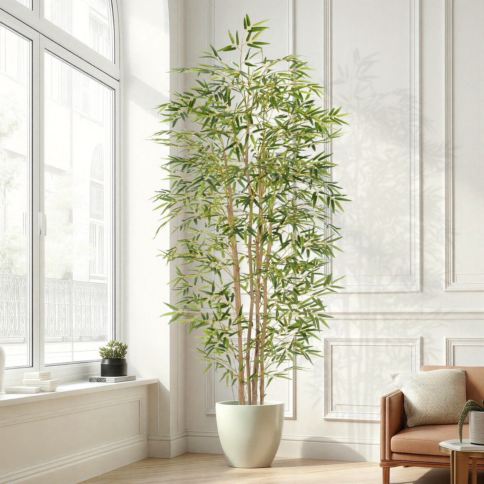 Artificial Bamboo Tree, Fake Bamboo Plant 7FT Tall with 6 Natural Real Bamboo Trunks, Artificial Tree Indoor Decor Faux Silk Tree for Home Office Living Room Modern Decor
