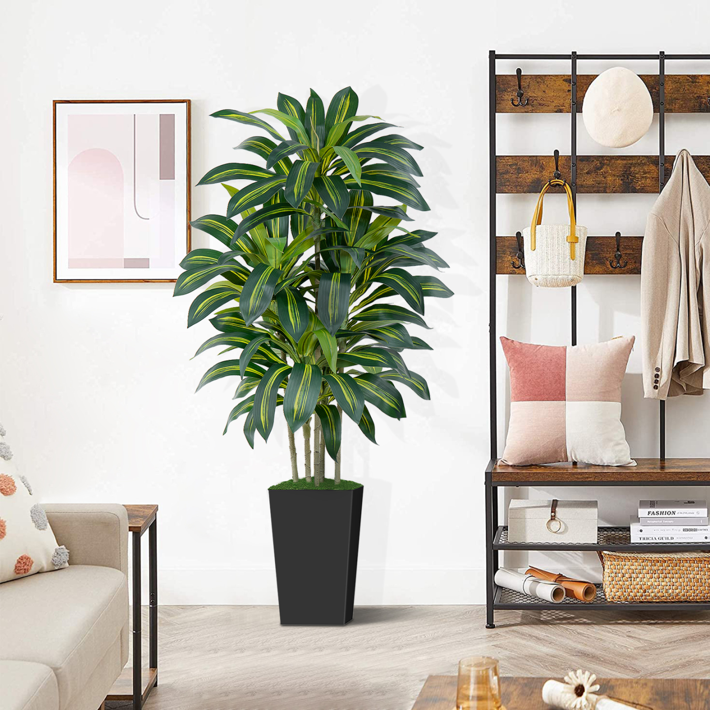 Keeplush Artificial Dracaena Tree - High-Density Foliage Fake Plant with Tall Planter (5ft,6ft,7ft optional White & Black) 