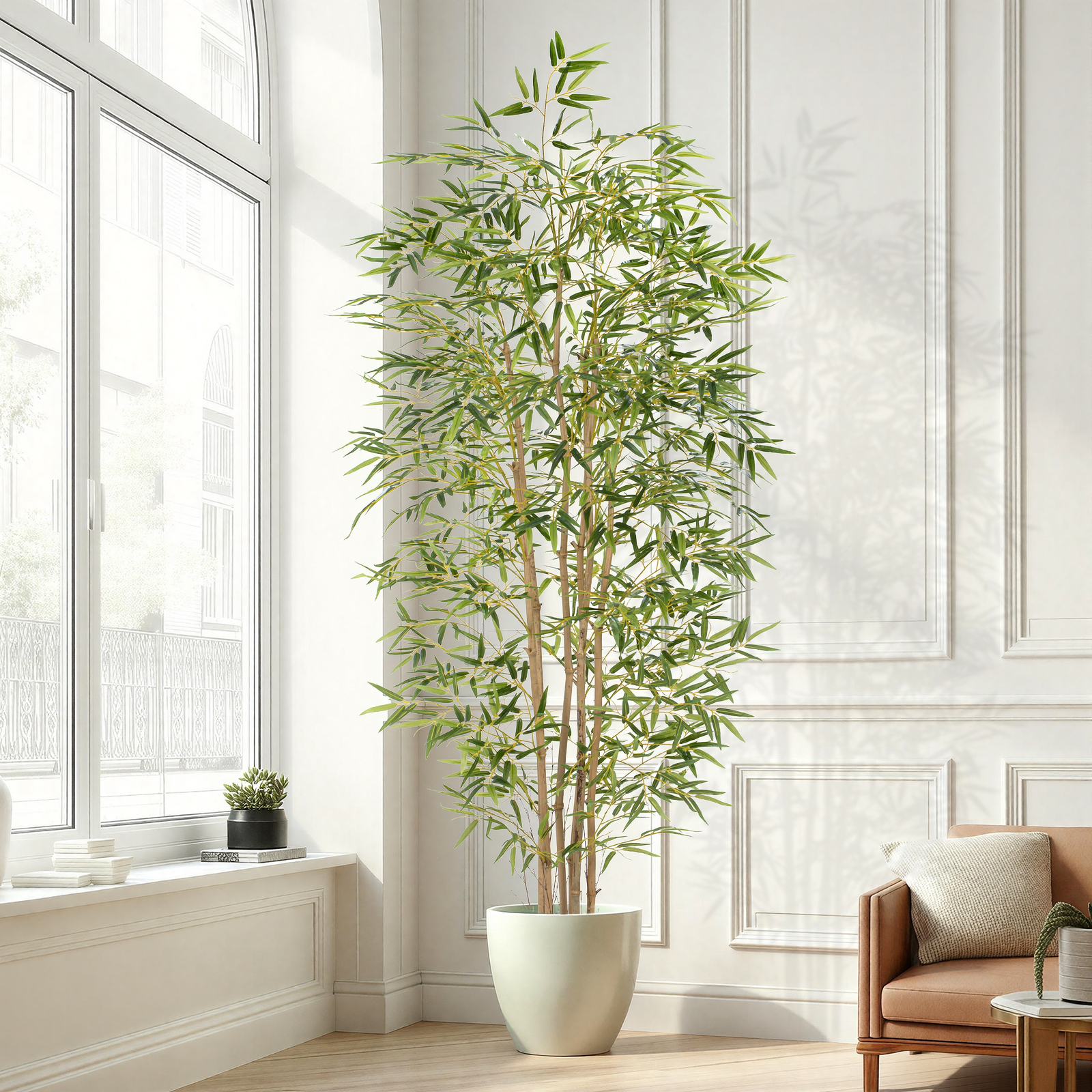 Artificial Bamboo Tree, Fake Bamboo Plant 7FT Tall with 6 Natural Real Bamboo Trunks, Artificial Tree Indoor Decor Faux Silk Tree for Home Office Living Room Modern Decor