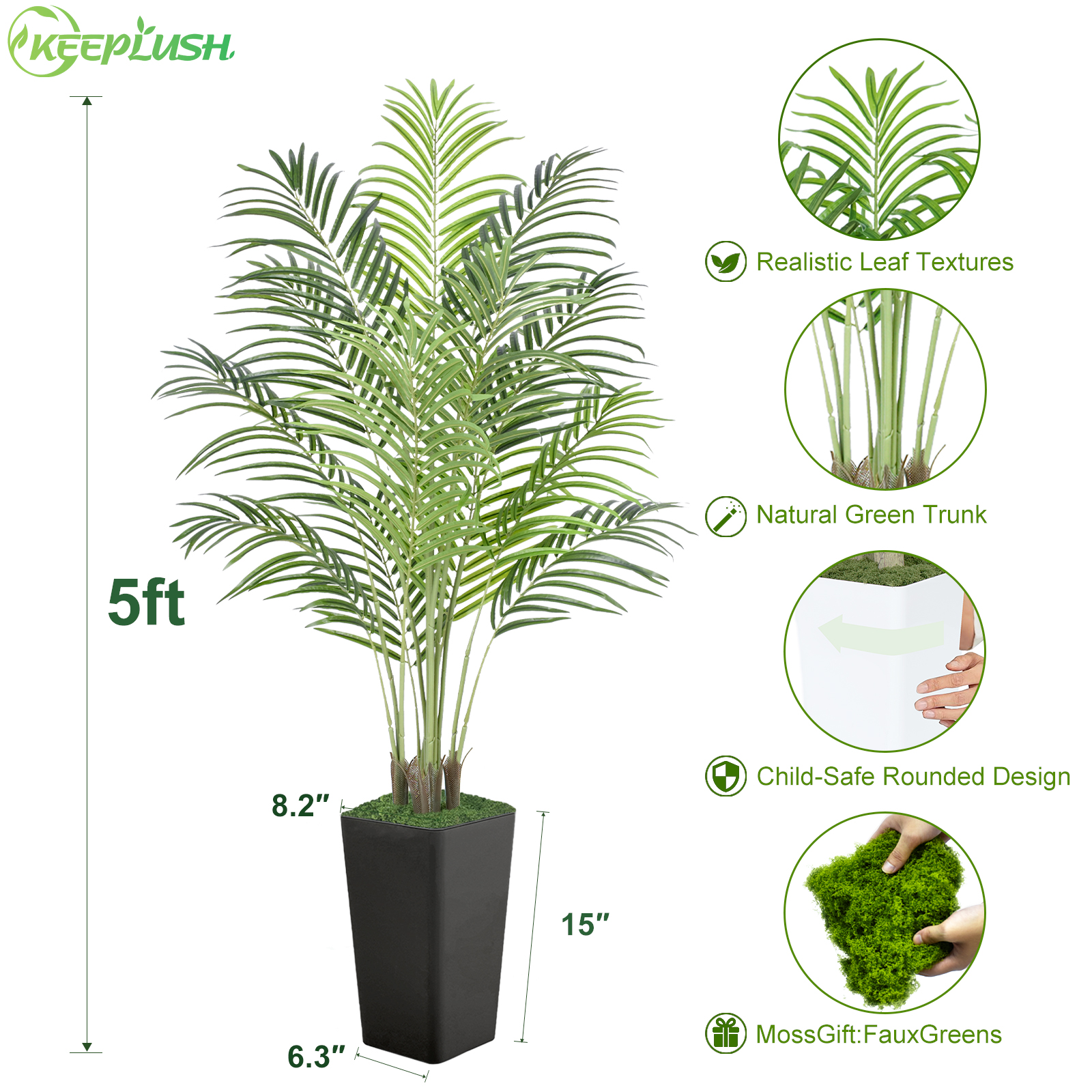 Keeplush Artificial Palm Tree with Planter – Tall Fake Tropical Areca Palm Tree (5ft,6ft,7ft optional White & Black) 