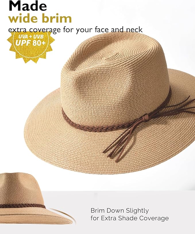 Women's UPF 80+ Wide Brim Sun Hat - Foldable Panama Straw Fedora for Summer, Beach & Travel, Lightweight Packable UV Protection Hat
