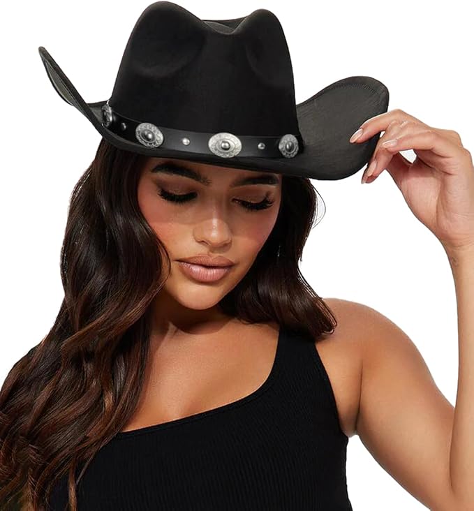 Women's Western Cowboy Hat - Studded Pinched Crown Fedora with Adjustable Buckle Belt, Wide Brim Sun Hat for Cowgirl, Rodeo, Country Music & Outdoor Fashion