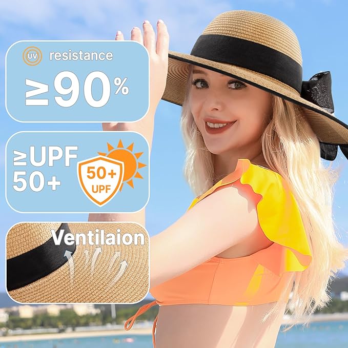 Women's Wide Brim Sun Hat UPF 50+ - Packable Roll-Up Straw Beach Hat, Lightweight Foldable UV Protection Hat for Travel, Pool & Summer Vacations