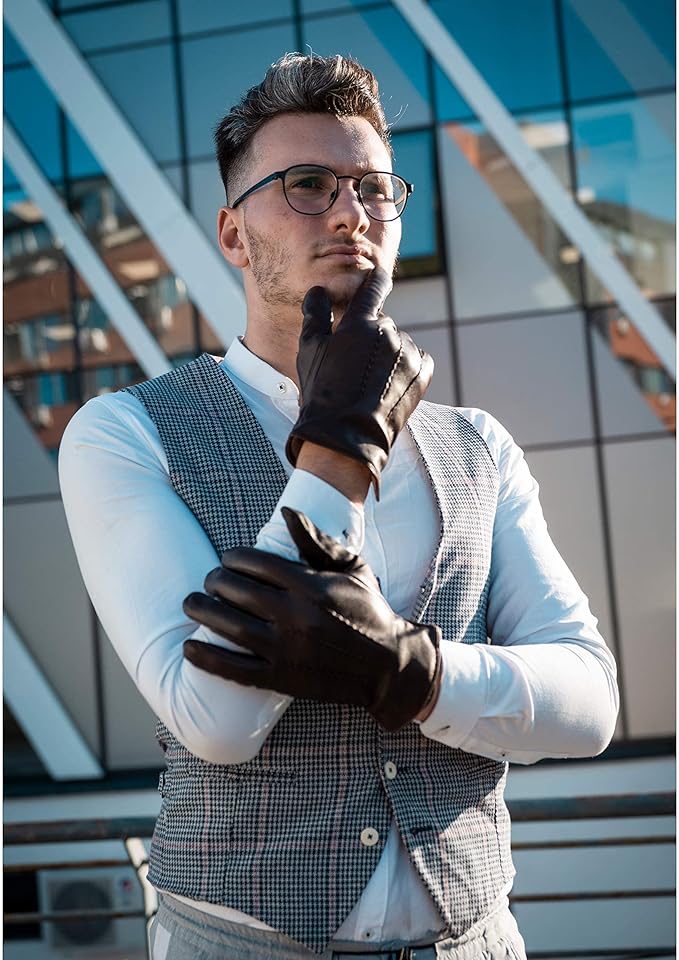 Men's Leather Driving Gloves - Winter Sheepskin Lined with Cashmere, Cold Weather Touchscreen Gloves