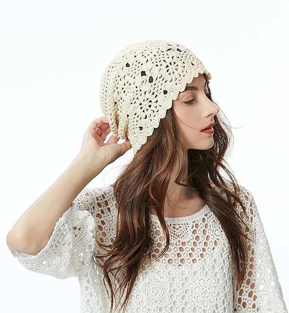 Women's Cotton Crochet Slouchy Beanie - Handmade Knit Skull Cap, Lightweight Breathable Summer Hat for Casual & Boho Style