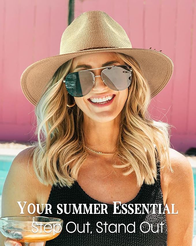 Women's UPF 80+ Wide Brim Sun Hat - Foldable Panama Straw Fedora for Summer, Beach & Travel, Lightweight Packable UV Protection Hat