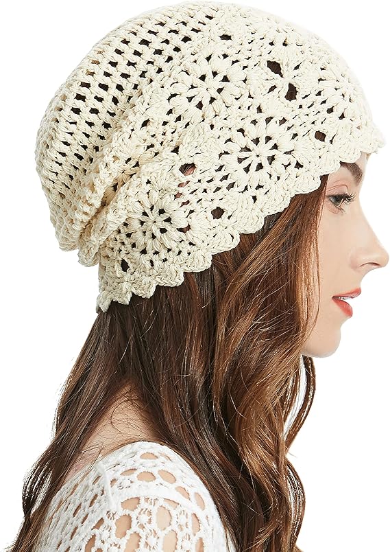Women's Cotton Crochet Slouchy Beanie - Handmade Knit Skull Cap, Lightweight Breathable Summer Hat for Casual & Boho Style