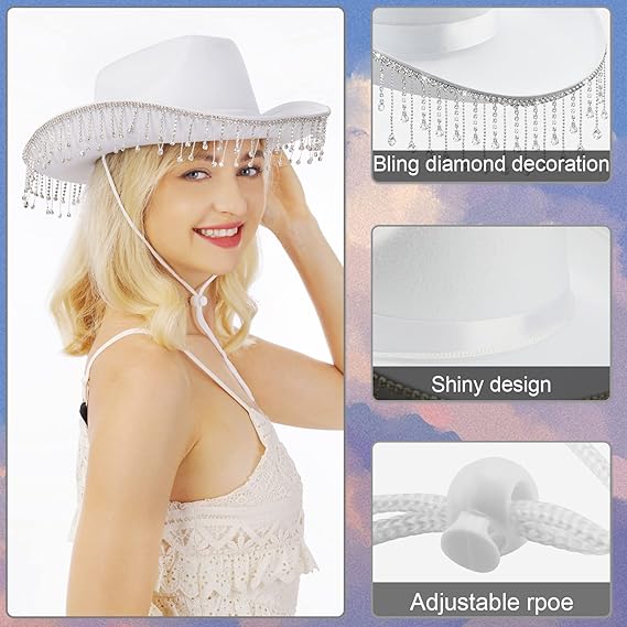 White Rhinestone Cowboy Hat for Women - Bridal Bachelorette Party, Bride-to-Be Gift & Halloween Costume Accessory