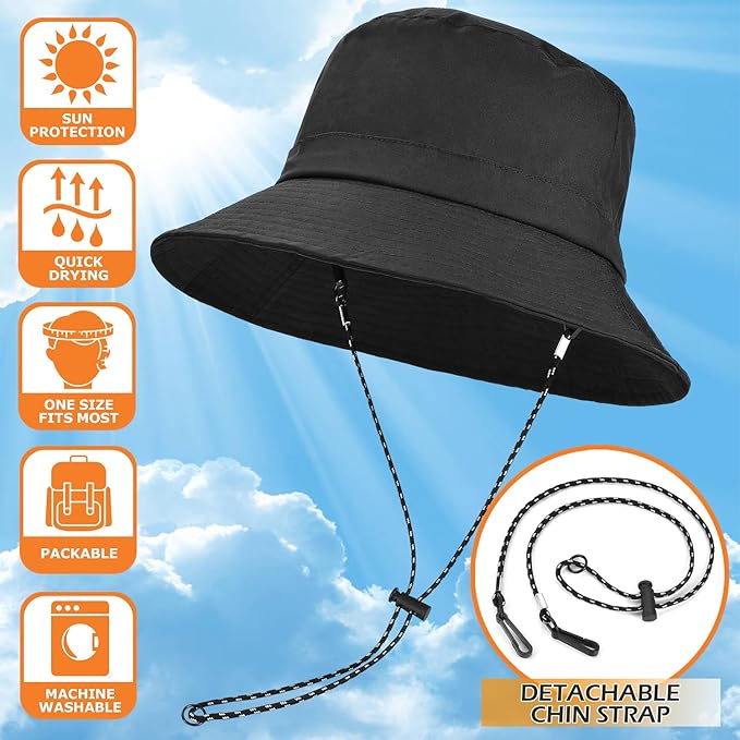 1-Pack Packable Bucket Hat with Chin Strap for Men Women