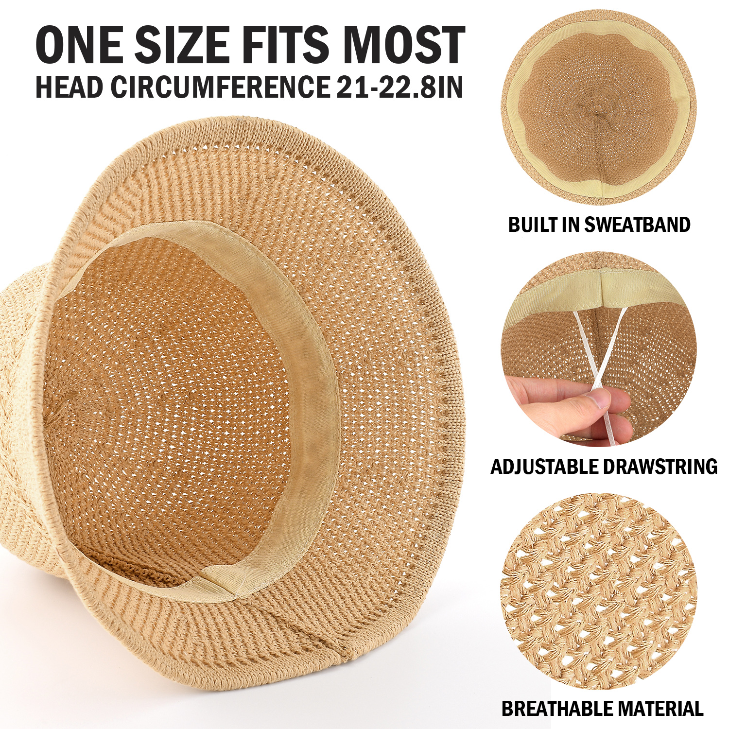 *Packable Straw Bucket Hat for Women, Summer Beach Bucket Hat Foldable Woven Khaki