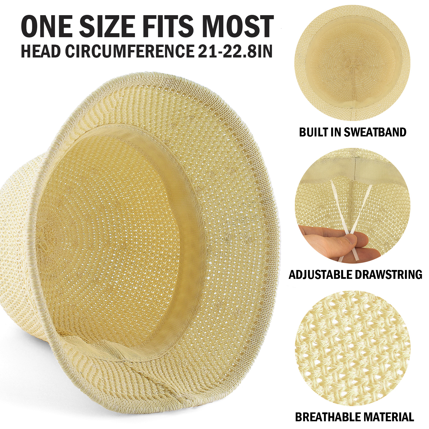 *Packable Straw Bucket Hat for Women, Summer Beach Bucket Hat Foldable Woven Khaki