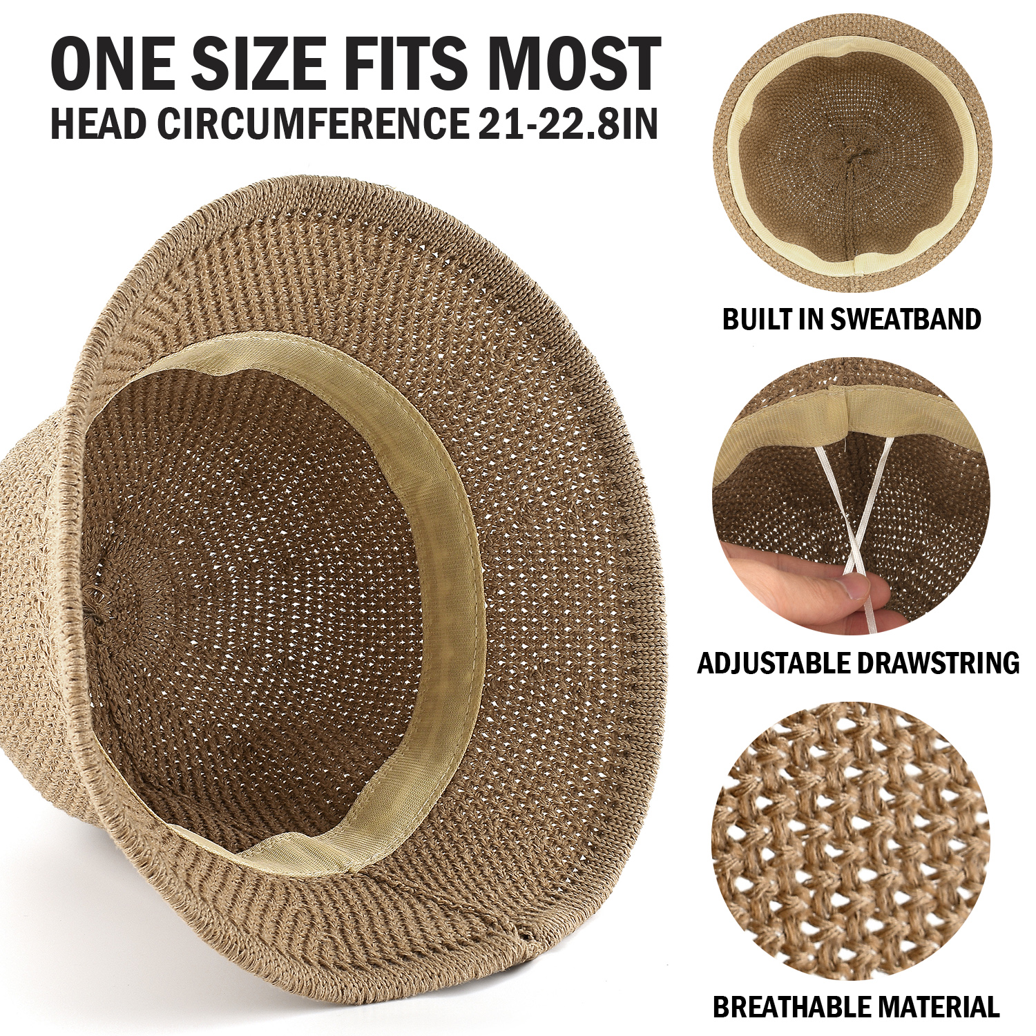 *Packable Straw Bucket Hat for Women, Summer Beach Bucket Hat Foldable Woven Khaki