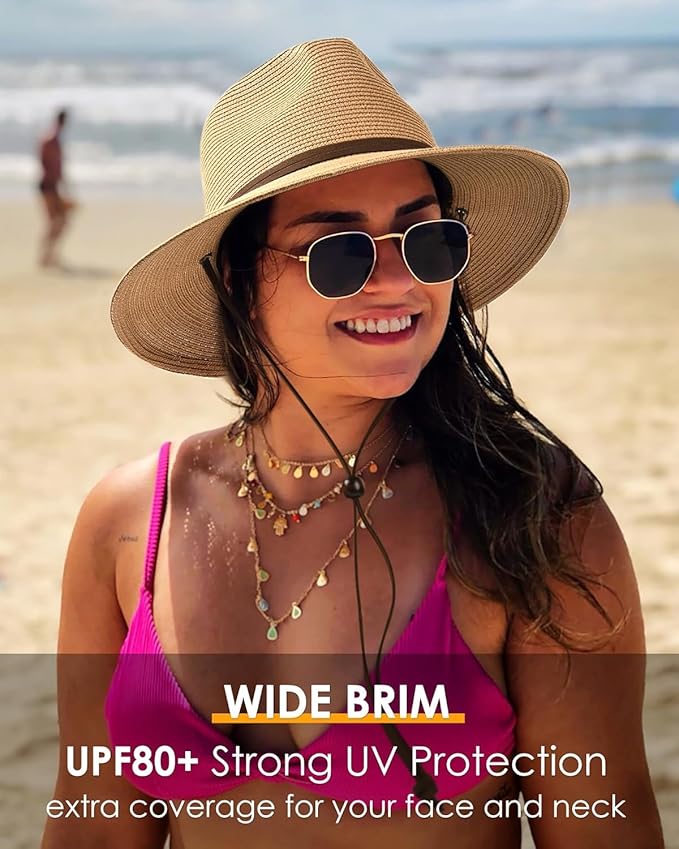 Summer Beach Hat for Women – Wide Brim Straw Fedora with Wind Lanyard, UPF 80+ Sun Protection, Packable & Lightweight