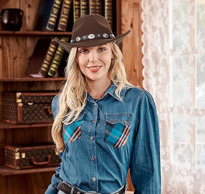 Women's Western Cowboy Hat - Studded Pinched Crown Fedora with Adjustable Buckle Belt, Wide Brim Sun Hat for Cowgirl, Rodeo, Country Music & Outdoor Fashion