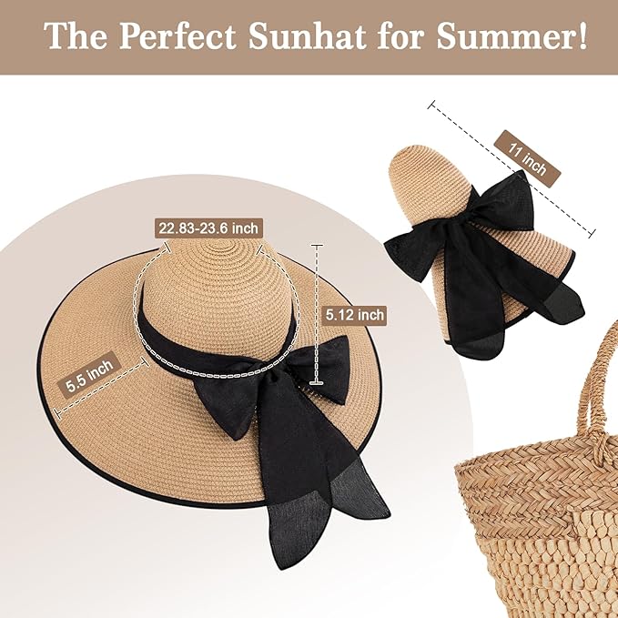 Women's Wide Brim Sun Hat UPF 50+ - Packable Roll-Up Straw Beach Hat, Lightweight Foldable UV Protection Hat for Travel, Pool & Summer Vacations