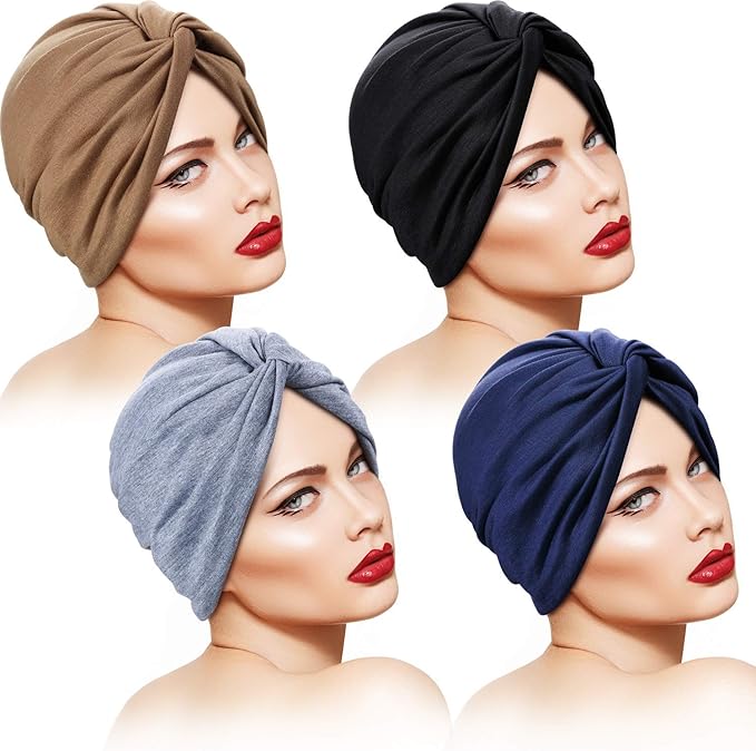 4-Pack Women's Fashion Turbans - Soft Pre-Tied Knot Headwraps, Breathable Chemo Cancer Hats for Sleeping, Stretchy Pleated Head Cover in 4 Colors
