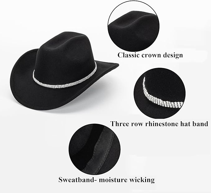 Women's Rhinestone Cowboy Hat - Glitter Silver & Black Western Cowgirl Hat, Sparkly Party Hat