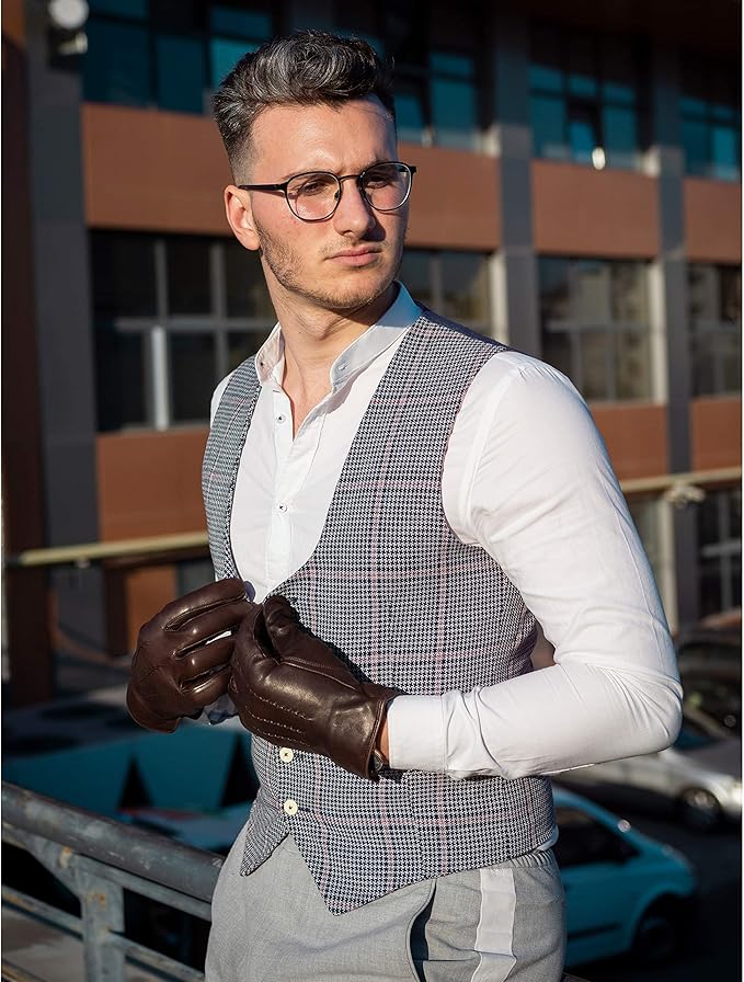 Men's Leather Driving Gloves - Winter Sheepskin Lined with Cashmere, Cold Weather Touchscreen Gloves