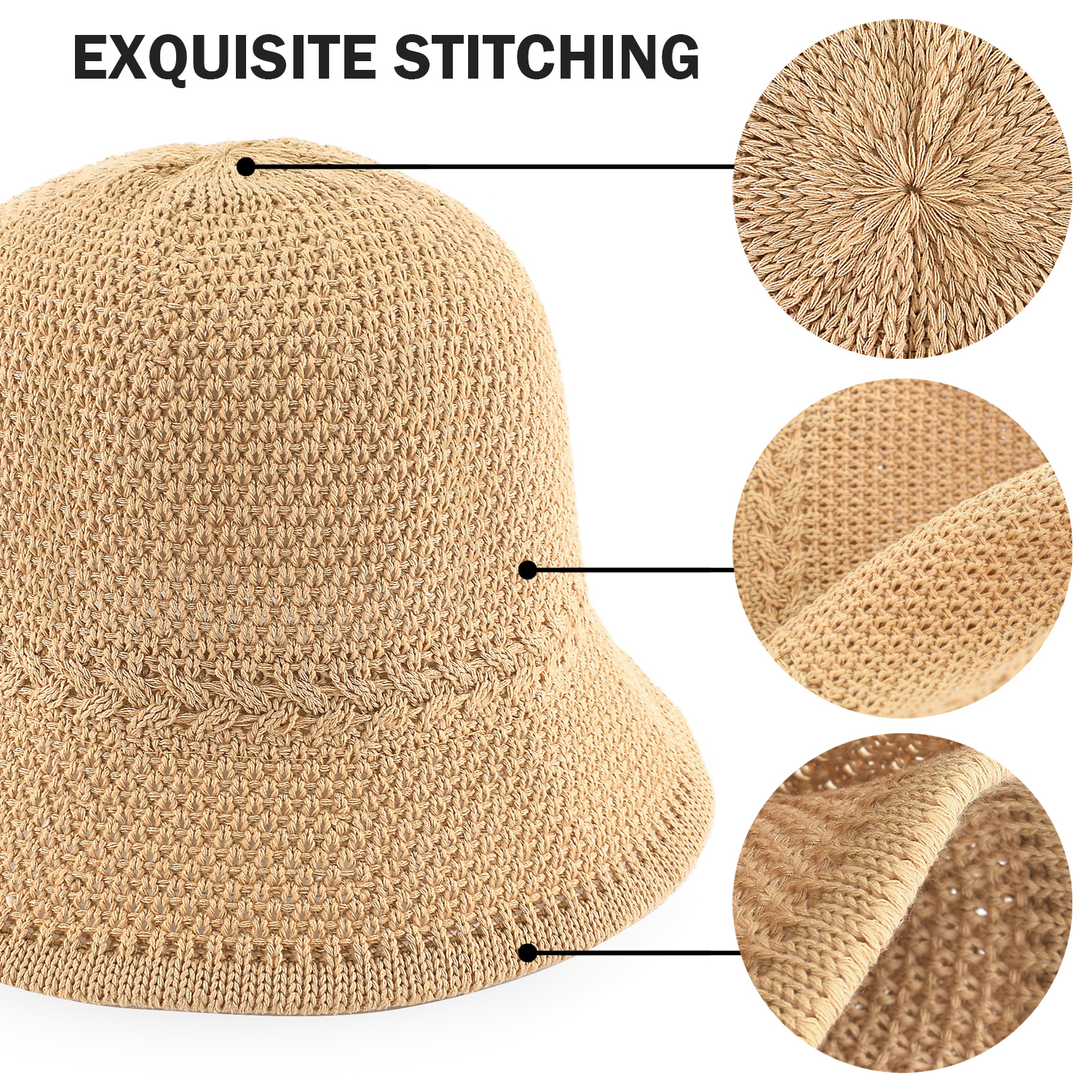 *Packable Straw Bucket Hat for Women, Summer Beach Bucket Hat Foldable Woven Khaki