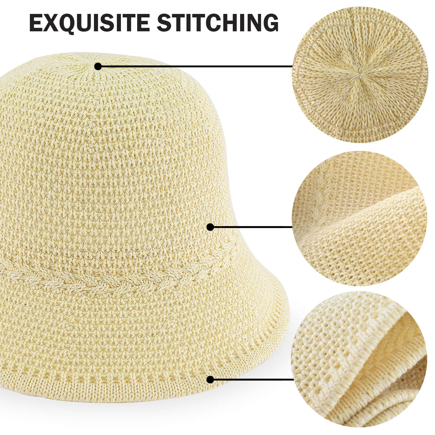 *Packable Straw Bucket Hat for Women, Summer Beach Bucket Hat Foldable Woven Khaki