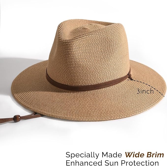Summer Beach Hat for Women – Wide Brim Straw Fedora with Wind Lanyard, UPF 80+ Sun Protection, Packable & Lightweight