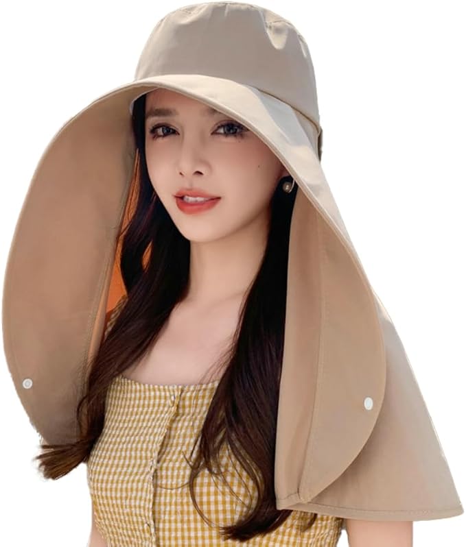 Women's Wide Brim Sun Hat UPF 50+ for Sun Protection - Summer Beach Hat with Neck Flap & Adjustable Chin Strap, Breathable Foldable Travel Hat for Hiking, Outdoor, Gardening
