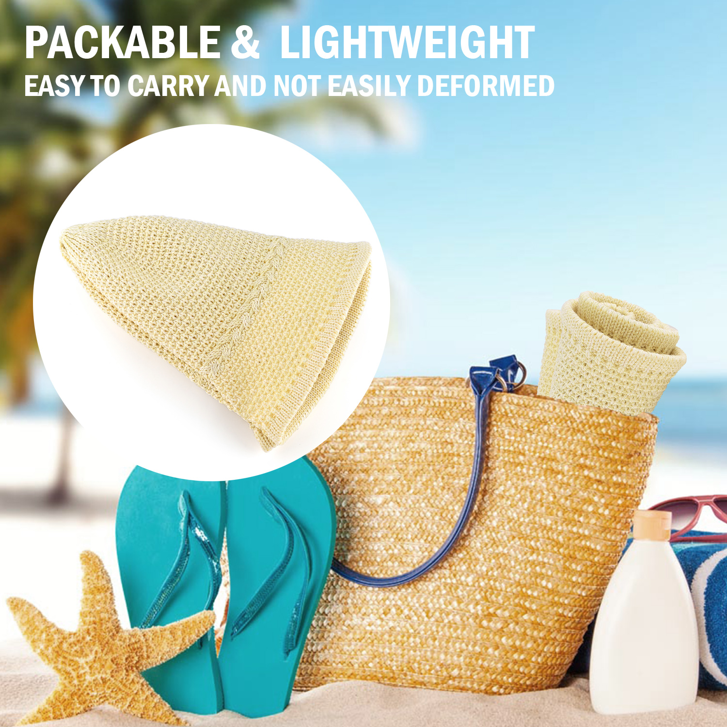 *Packable Straw Bucket Hat for Women, Summer Beach Bucket Hat Foldable Woven Khaki