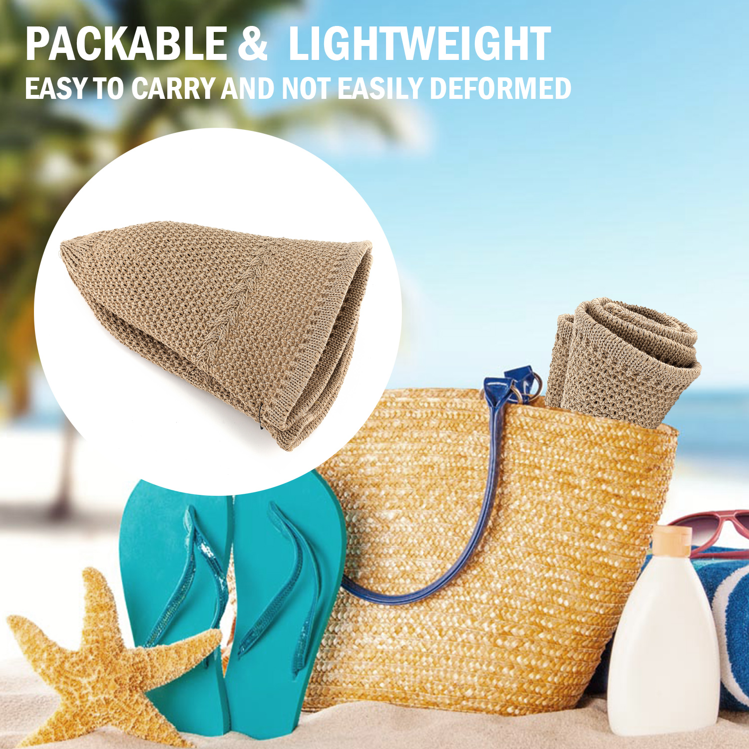 *Packable Straw Bucket Hat for Women, Summer Beach Bucket Hat Foldable Woven Khaki