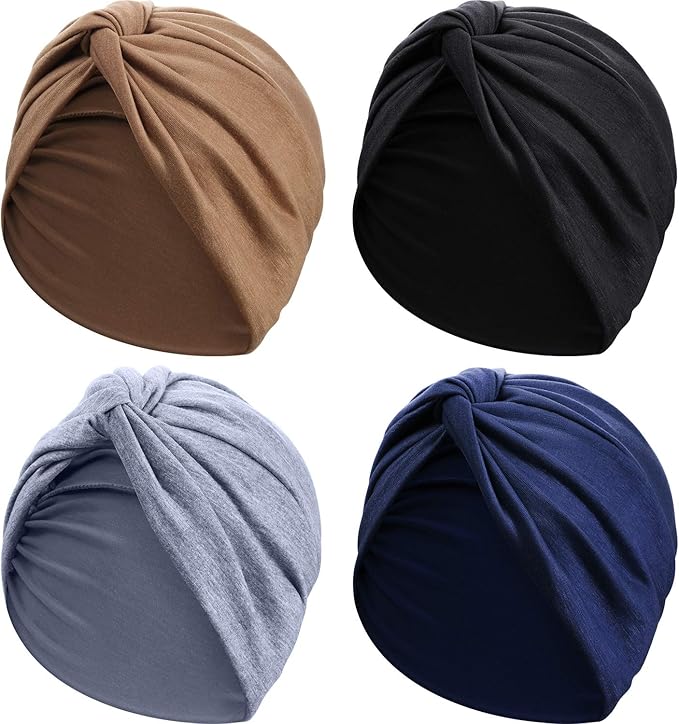 4-Pack Women's Fashion Turbans - Soft Pre-Tied Knot Headwraps, Breathable Chemo Cancer Hats for Sleeping, Stretchy Pleated Head Cover in 4 Colors