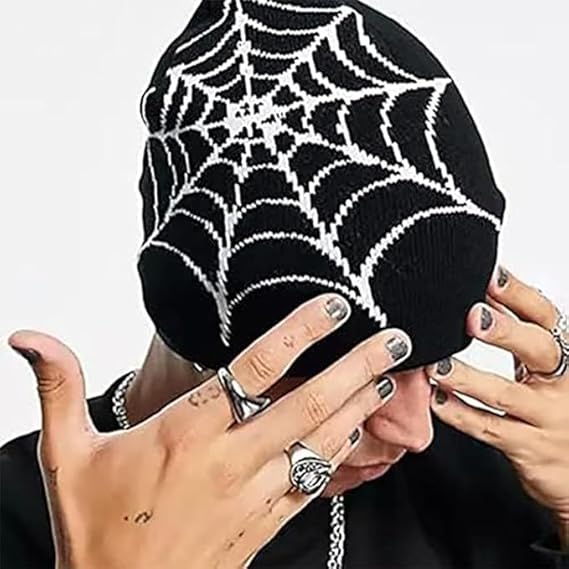 Y2K Gothic Spider Web Knit Beanie - Wool Acrylic Blend Unisex Winter Skull Cap, Punk Streetwear Hat for Men & Women