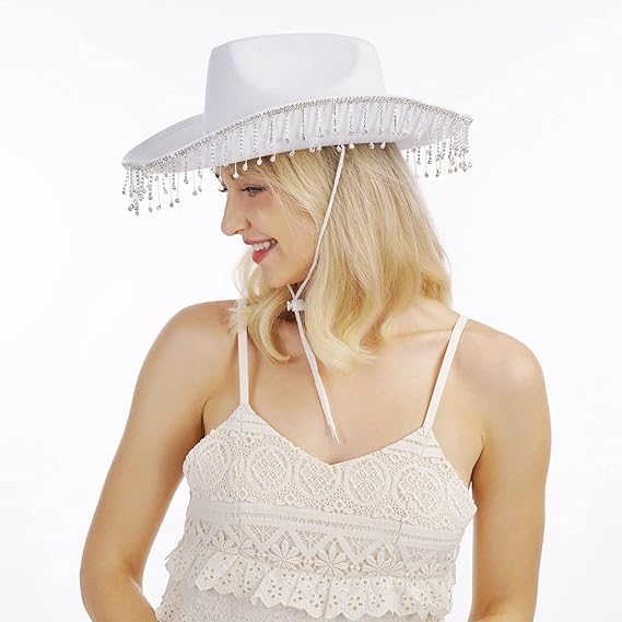 White Rhinestone Cowboy Hat for Women - Bridal Bachelorette Party, Bride-to-Be Gift & Halloween Costume Accessory