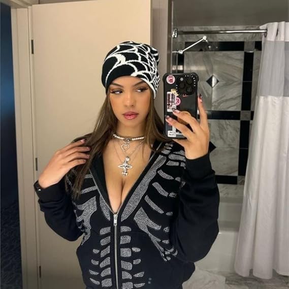 Y2K Gothic Spider Web Knit Beanie - Wool Acrylic Blend Unisex Winter Skull Cap, Punk Streetwear Hat for Men & Women