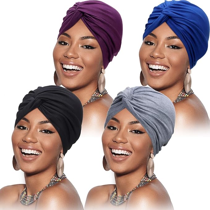 4-Pack Women's Fashion Turbans - Soft Pre-Tied Knot Headwraps, Breathable Chemo Cancer Hats for Sleeping, Stretchy Pleated Head Cover in 4 Colors