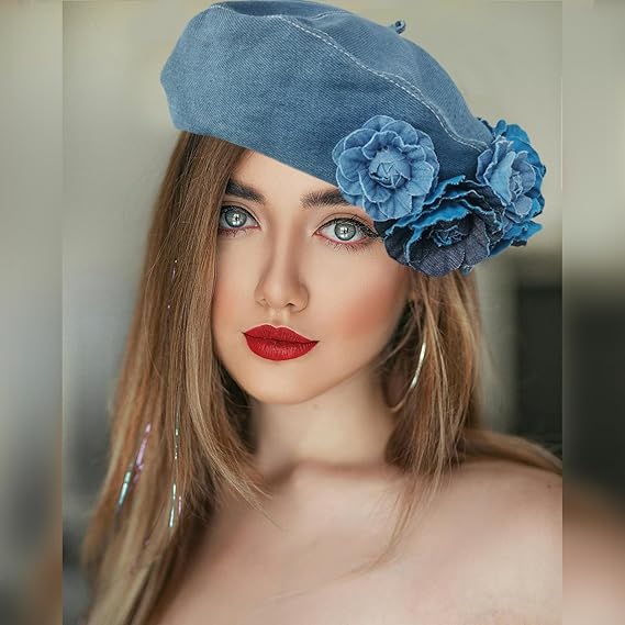 Women's Denim Beret Hat - French Style Adjustable Painter Cap, Casual Sun Hat with Inner Strap for Artists & Fashion
