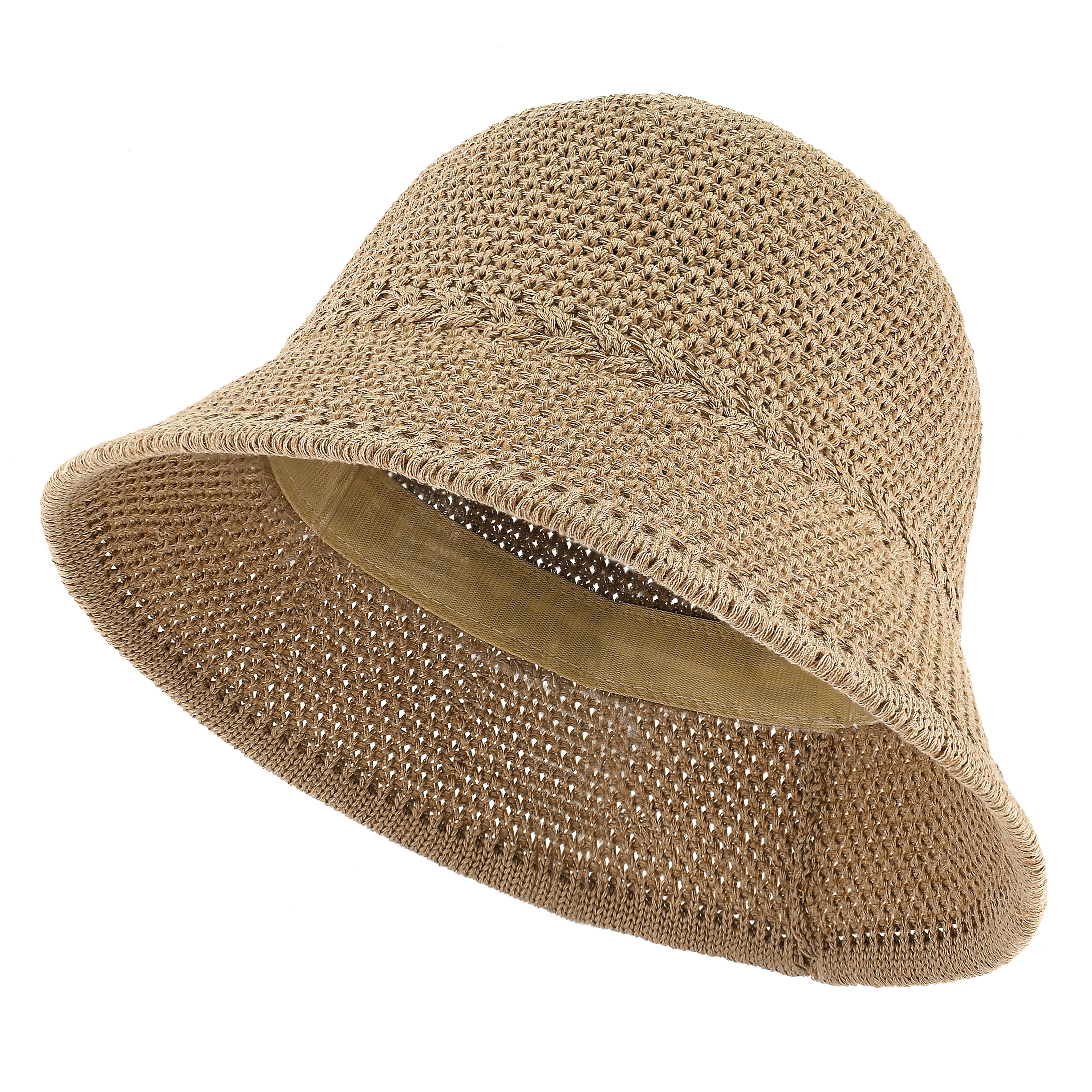 *Packable Straw Bucket Hat for Women, Summer Beach Bucket Hat Foldable Woven Khaki
