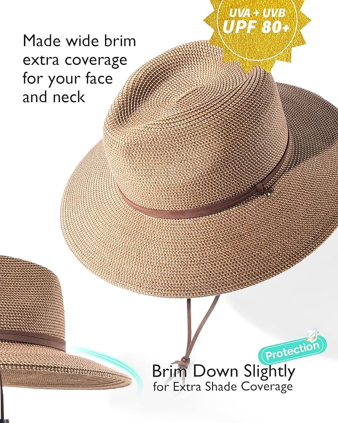 Summer Beach Hat for Women – Wide Brim Straw Fedora with Wind Lanyard, UPF 80+ Sun Protection, Packable & Lightweight